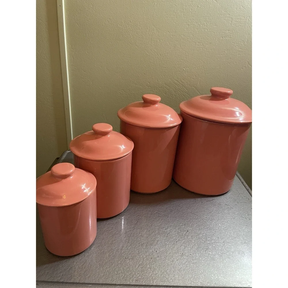 Peach Ceramic Canisters Vintage 1980's MERVYNS Set of Four Made In Japan